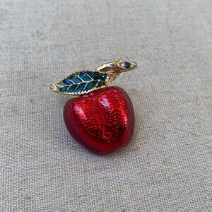 Vintage DANECRAFT Red Enamel Medium APPLE Pave Rhinestone Brooch Pin J179